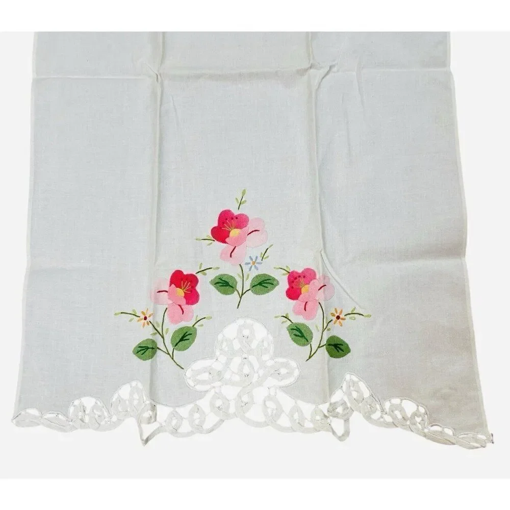 Vintage Pink Flower Linen Tea Towels Set 2 Lace Edge 22x14 Appliqué Embroidered